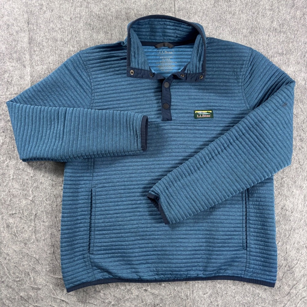 LL Bean Mens M AirLight Knit Pullover Blue Ribbed Snap Fleece 506874